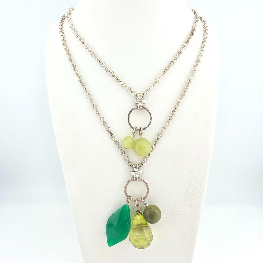 Vintage LYDELL NYC Layered Necklace Boho Chunky Green Resin Bead Silver Tone 30"